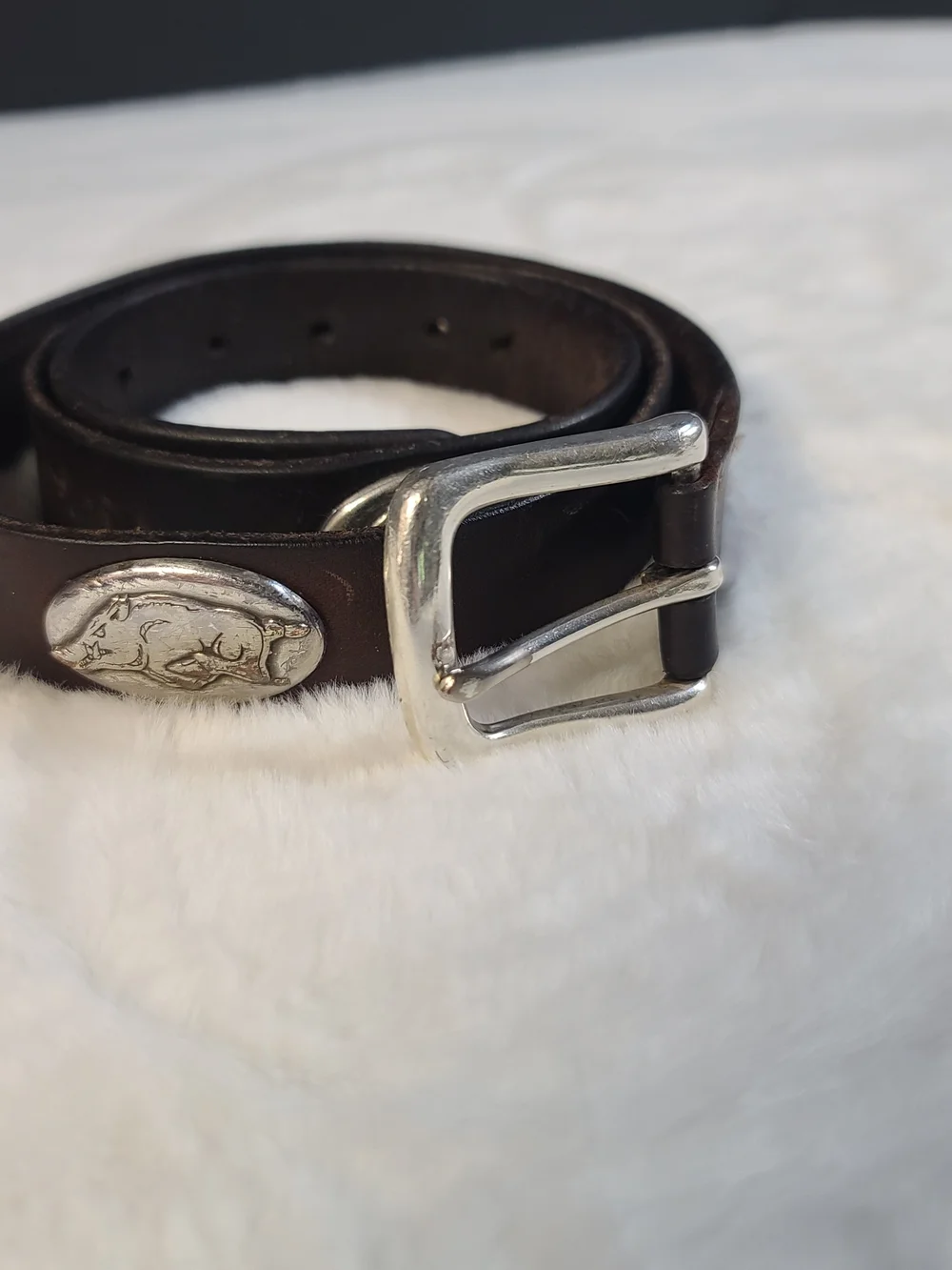 Men's Dark Brown Leather Belt with Silver Buckle and Concho Accent